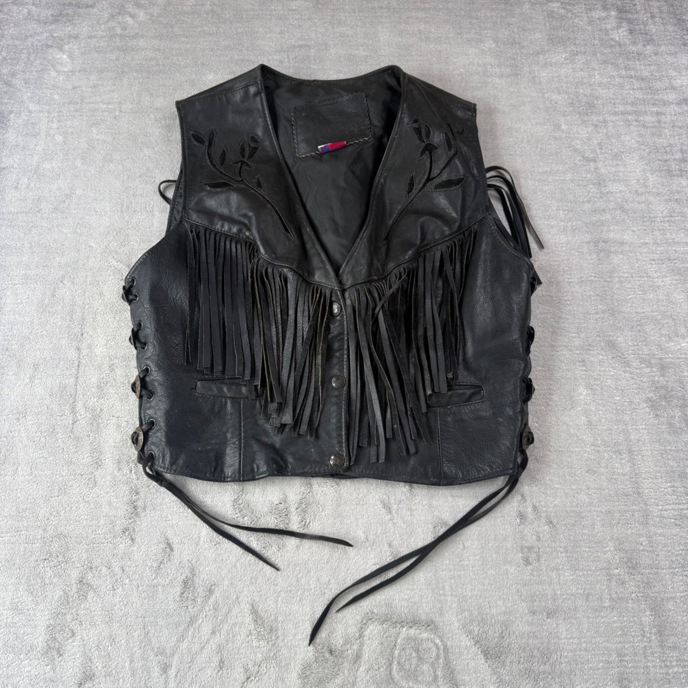 Branded Leather Vest Womens Large Black Vintage 70s Fringe Rose Western Biker